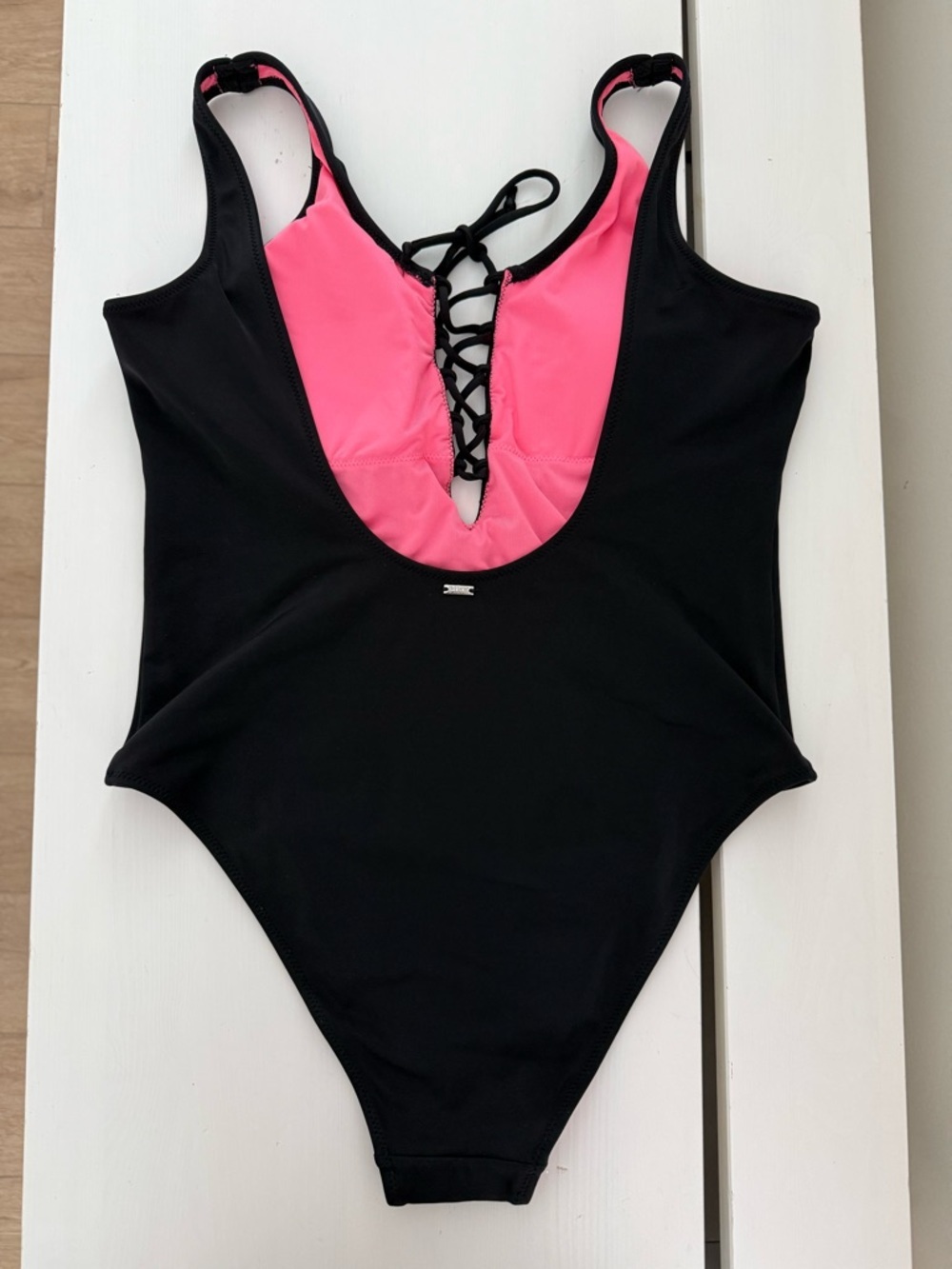 Victoria’s Secret PINK Black Lace Up One Piece Swimsuit Pink Lining Medium - Picture 6 of 10